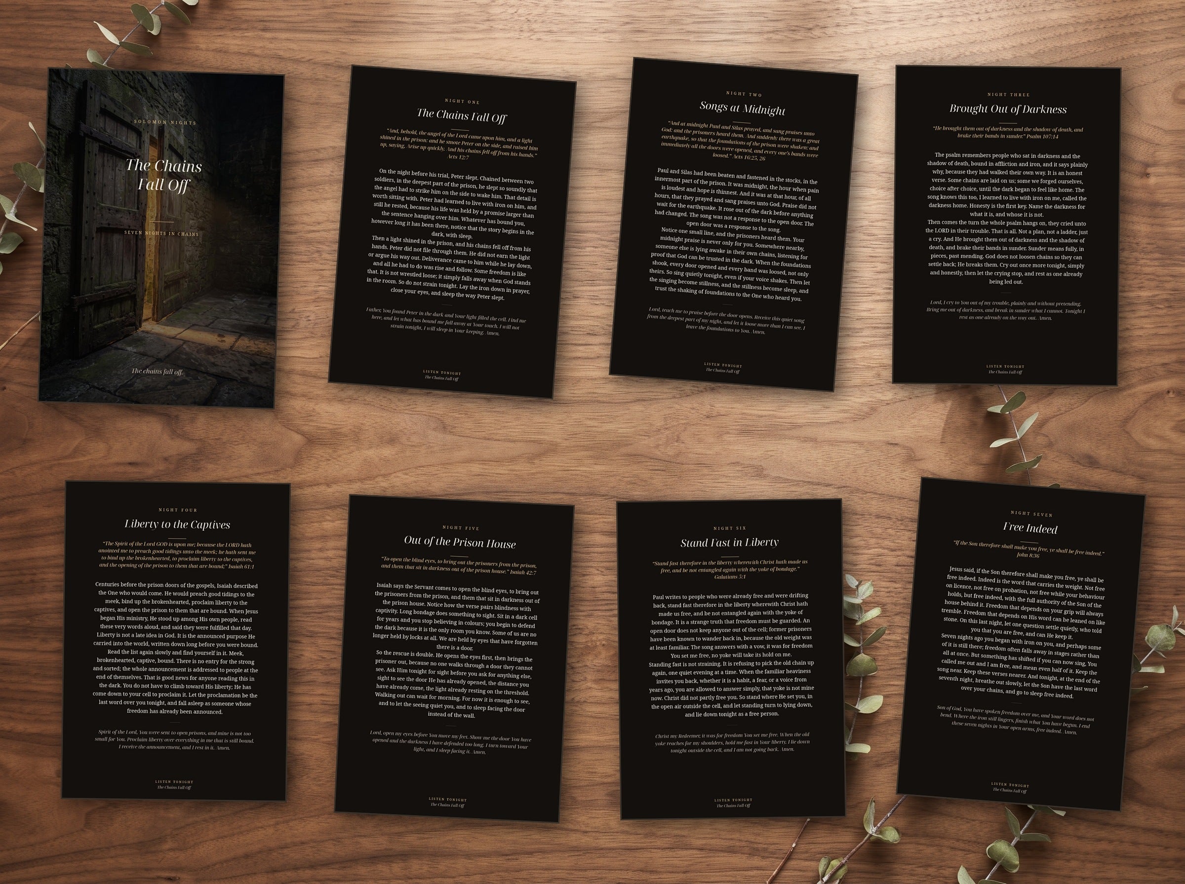 The seven night devotional shown as printed cards on a table